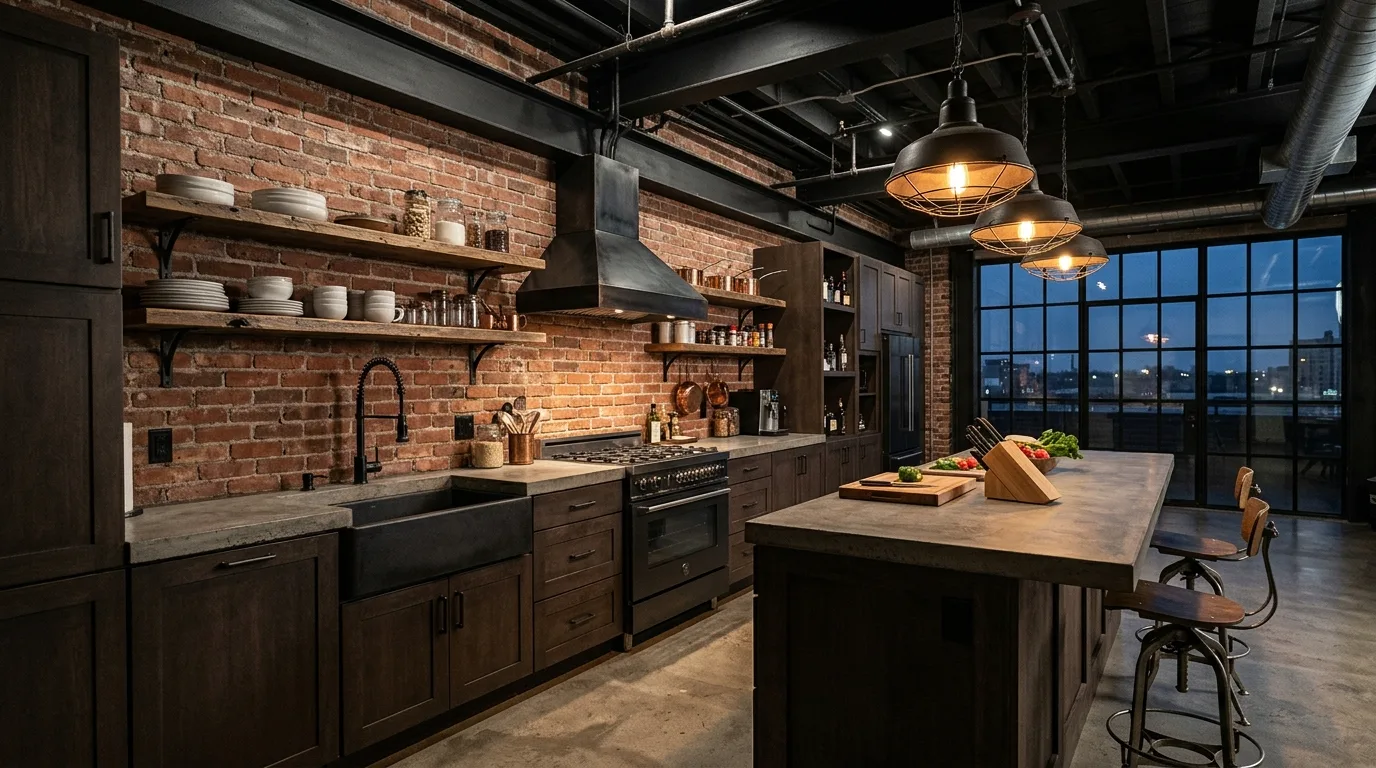 Industrial modern kitchen with dark brown cabinets and exposed brick wall