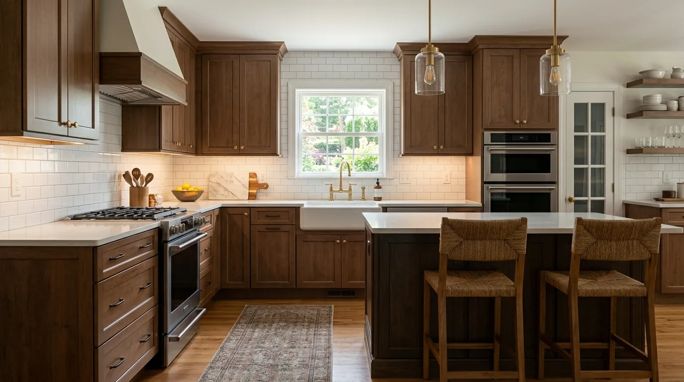 Transitional kitchen with brown shaker cabinets and white subway tile backsplash