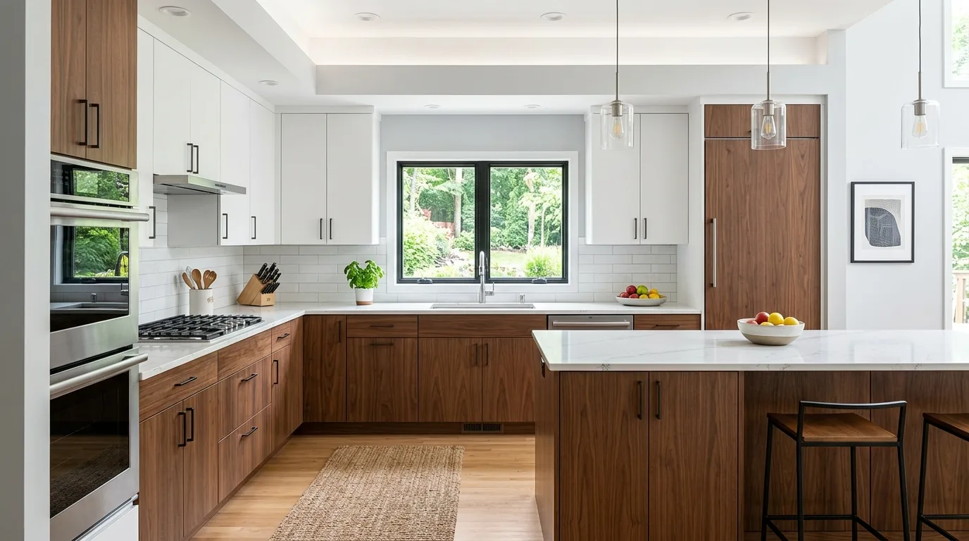 Two tone kitchen with brown lower cabinets and white upper cabinets