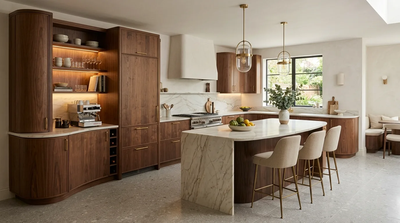 Elegant kitchen with curved brown cabinetry and marble island
