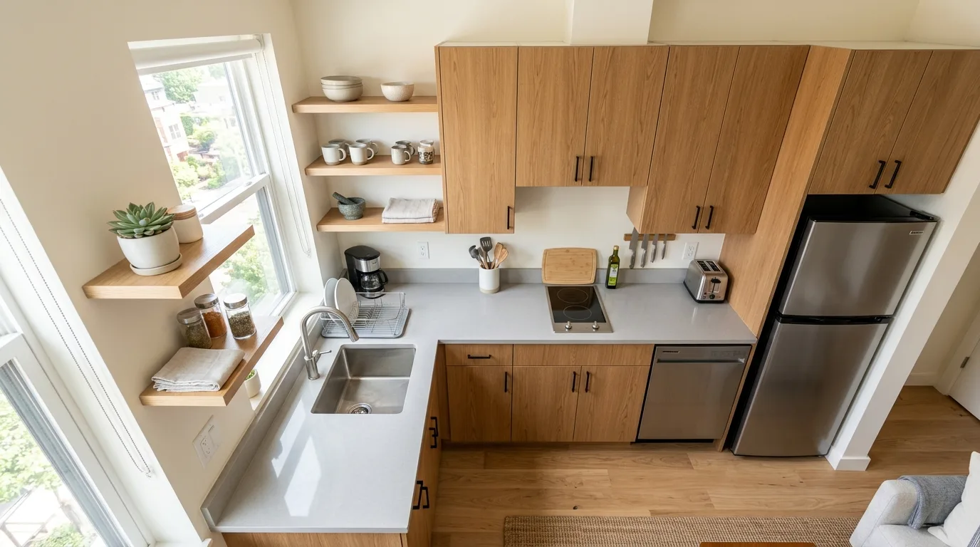 Compact apartment kitchen with light brown cabinets and open shelves
