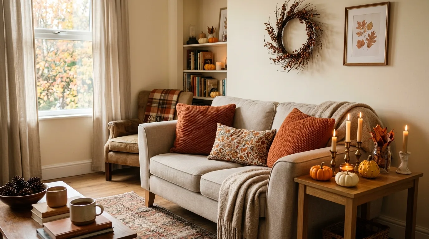 Budget-friendly fall living room with pumpkins, candles, and warm pillows