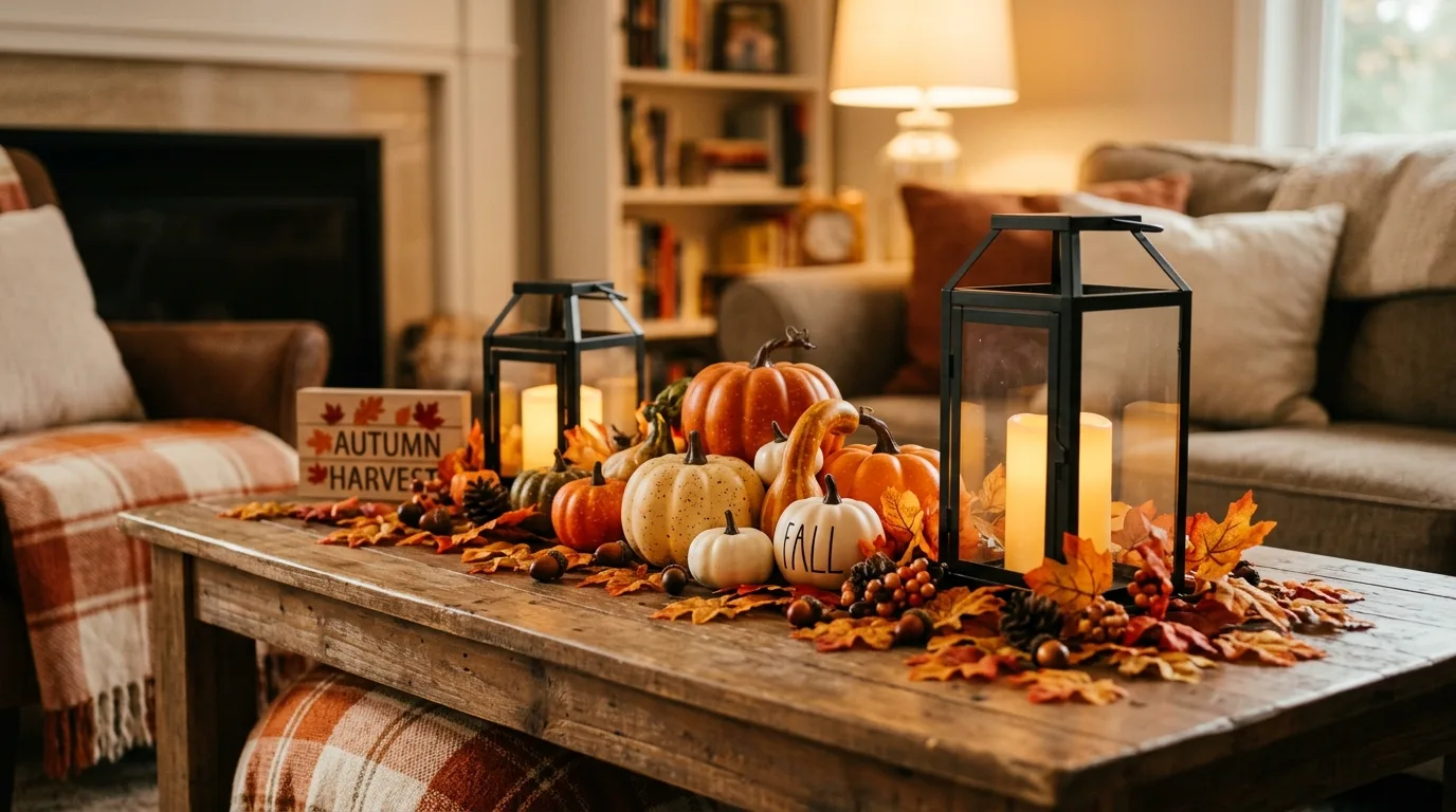 Budget fall coffee table styled with faux leaves, pumpkins, and lanterns
