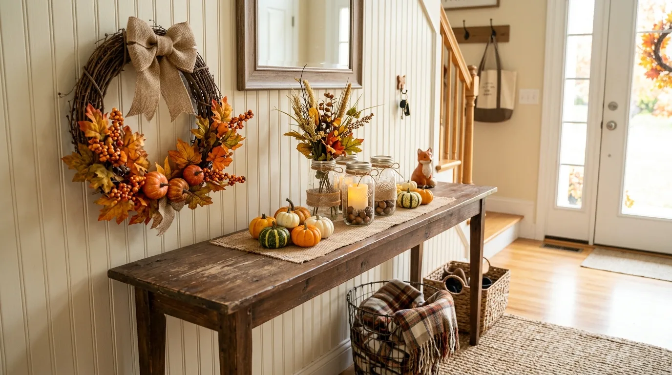 Budget-friendly fall entryway table with wreath, mason jars, and gourds