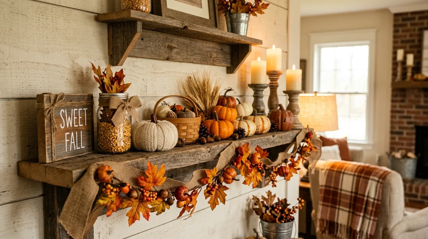 Rustic farmhouse shelf with budget-friendly fall decor