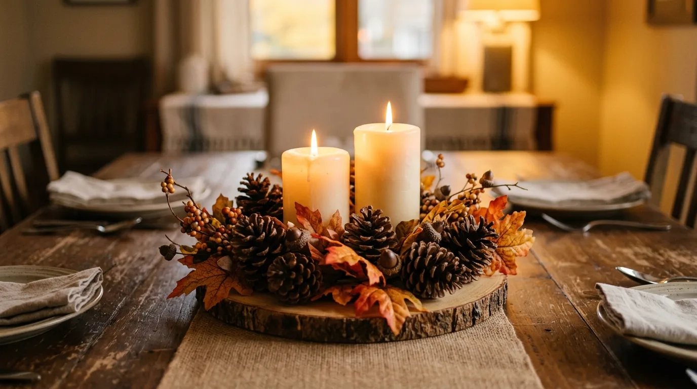 Simple budget fall centerpiece made with pinecones, leaves, and candles