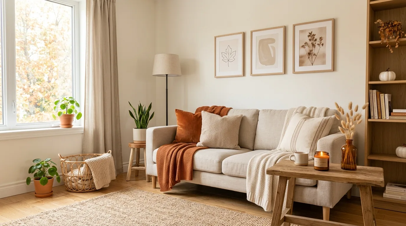 Minimalist budget fall living room with beige and orange accents
