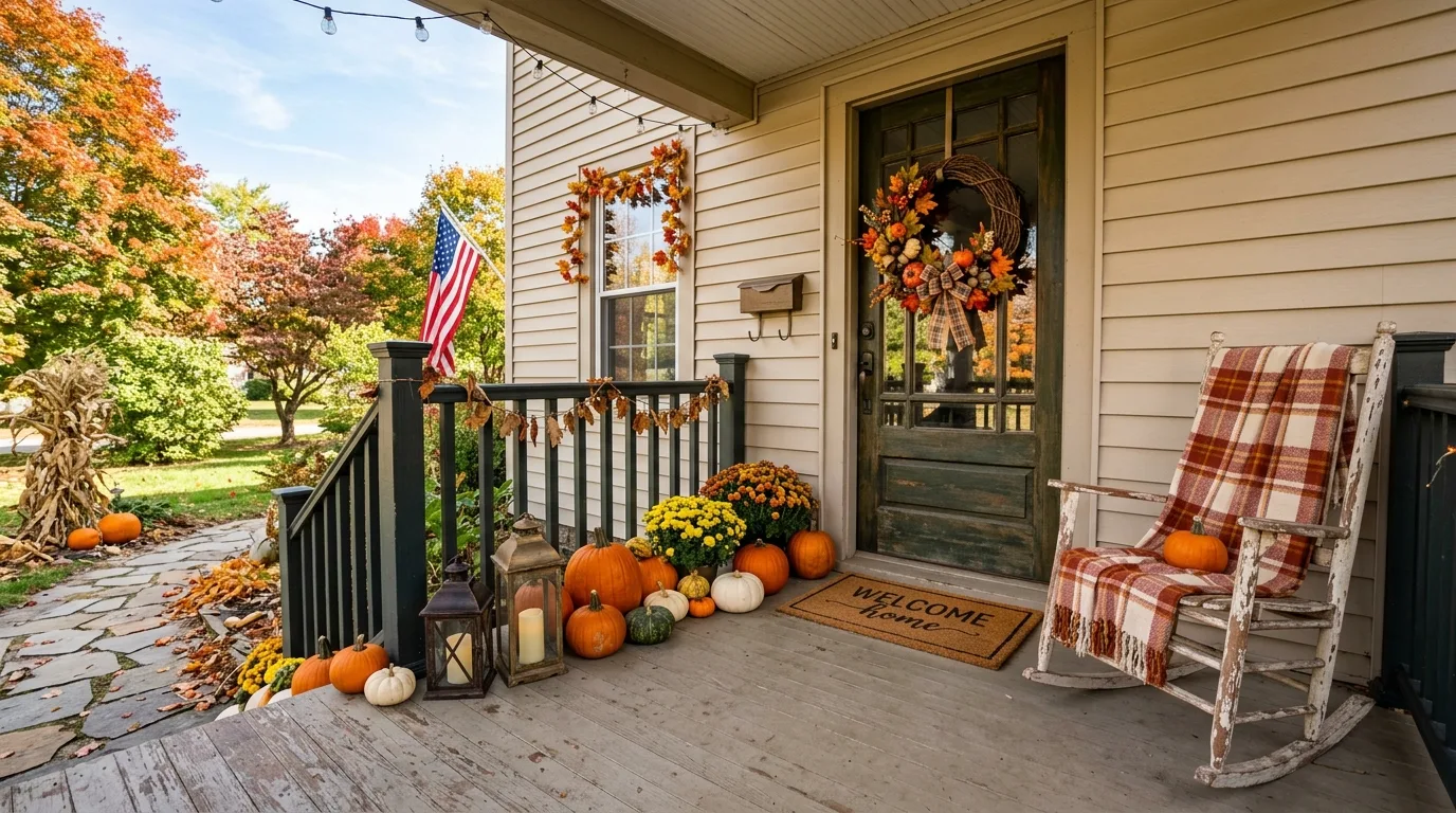 Front porch decorated for fall on a budget with pumpkins and thrifted lanterns