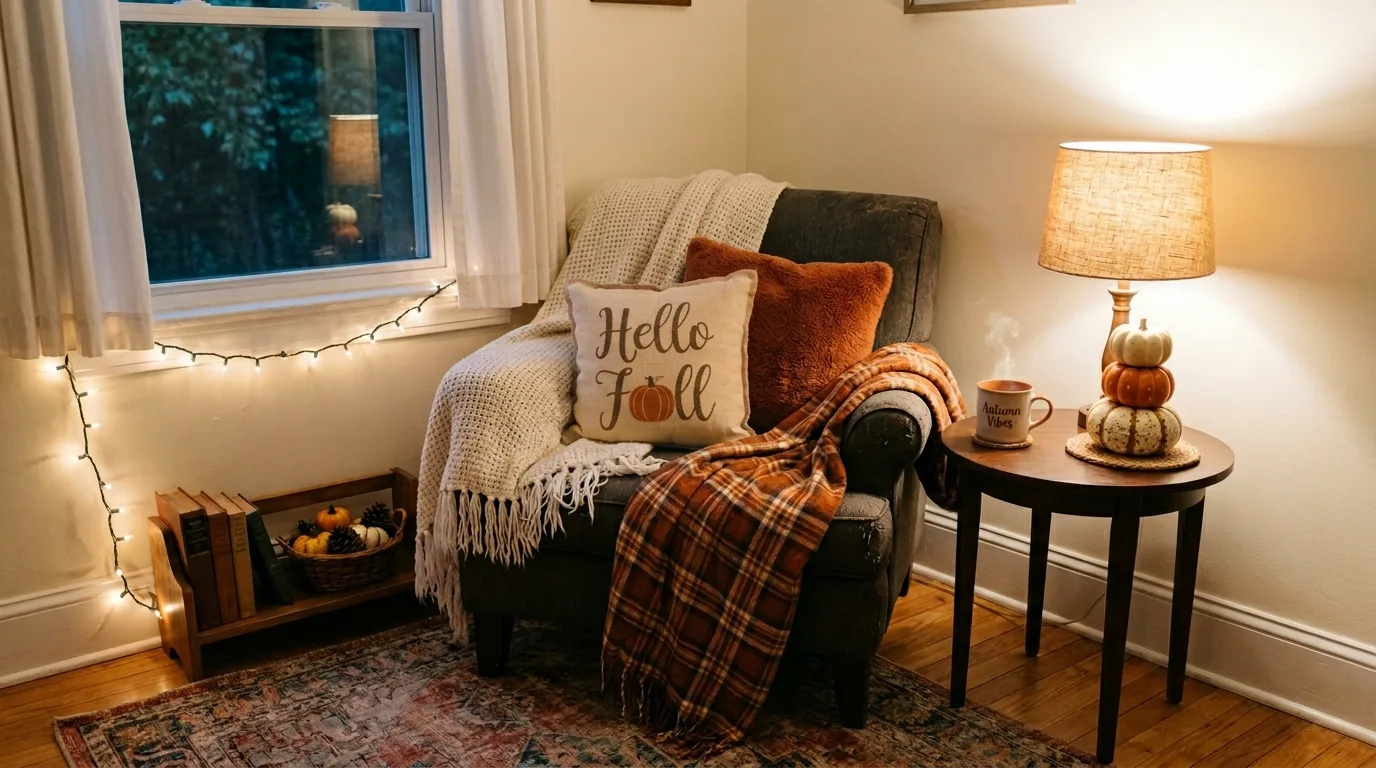 Cozy corner with budget fall blankets, pillows, and pumpkins