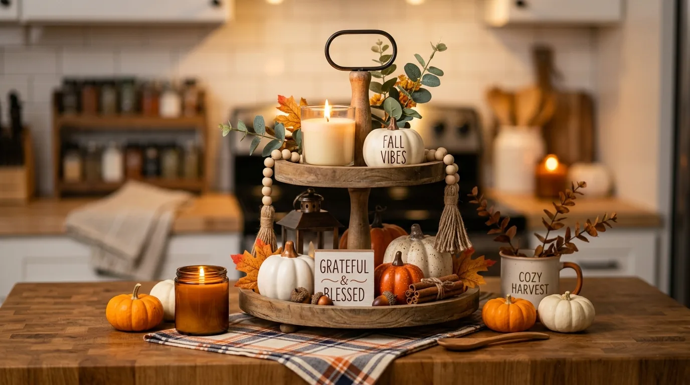 Kitchen counter with budget fall tiered tray, mini pumpkins, and candles