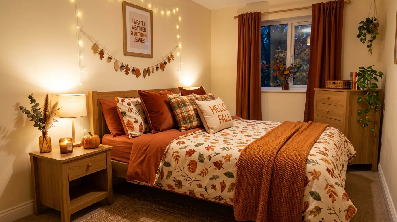 Bedroom decorated affordably for fall with warm-toned cushions and bedding