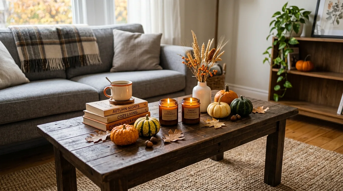 Budget coffee table styled with candles, books, and gourds for fall