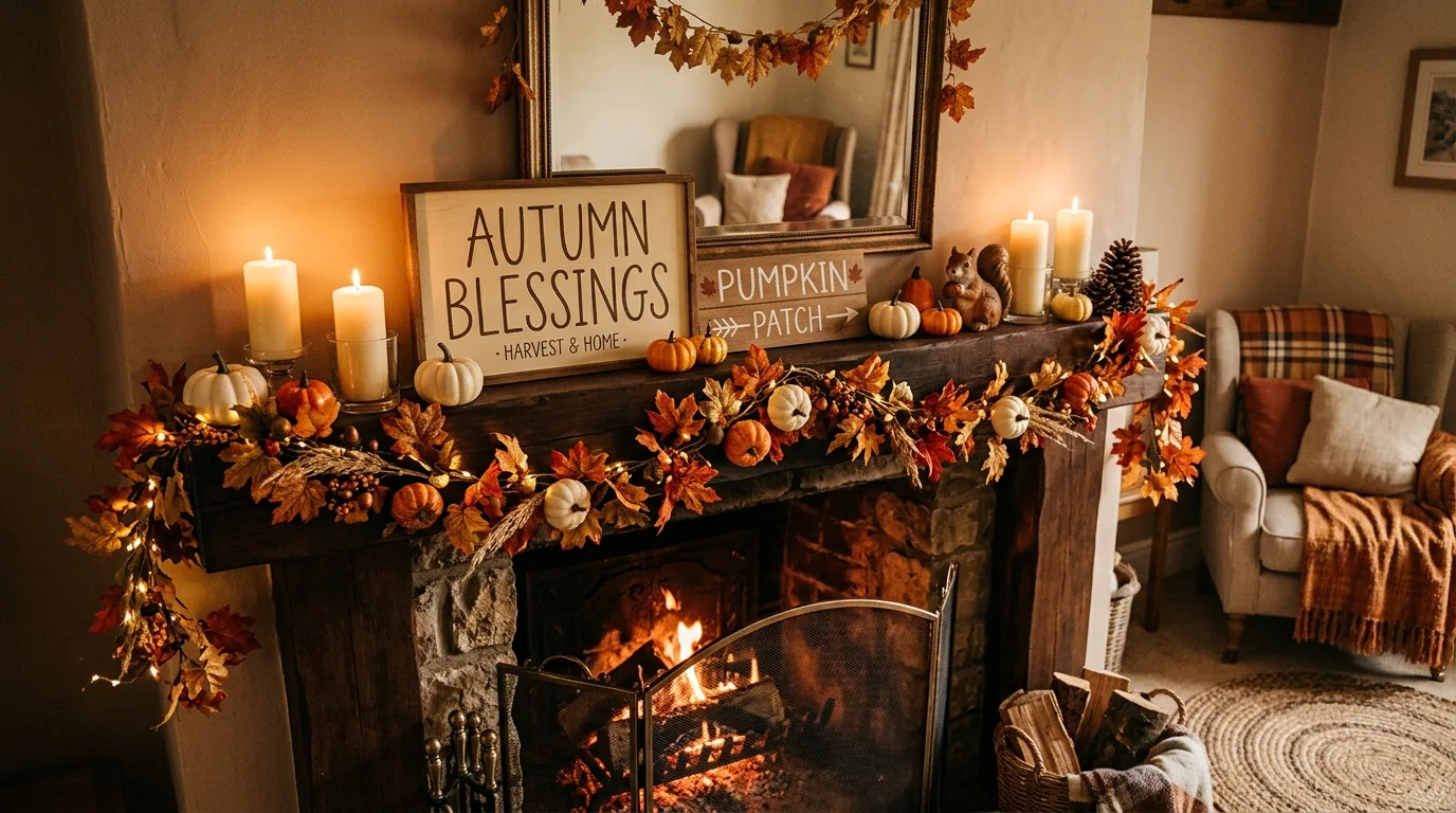 Budget-friendly fall mantel with garland, DIY signs, and pumpkins