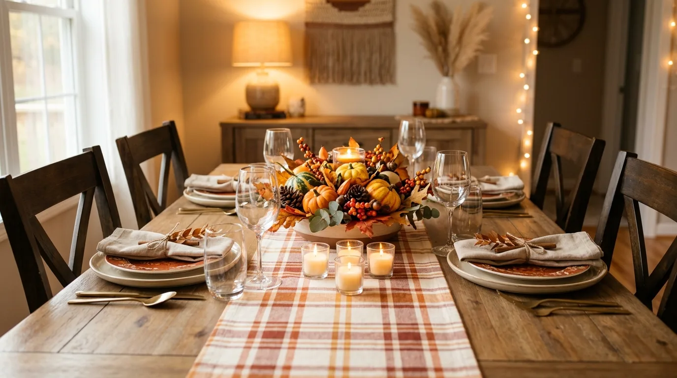 Dining space decorated with affordable fall tableware and centerpiece