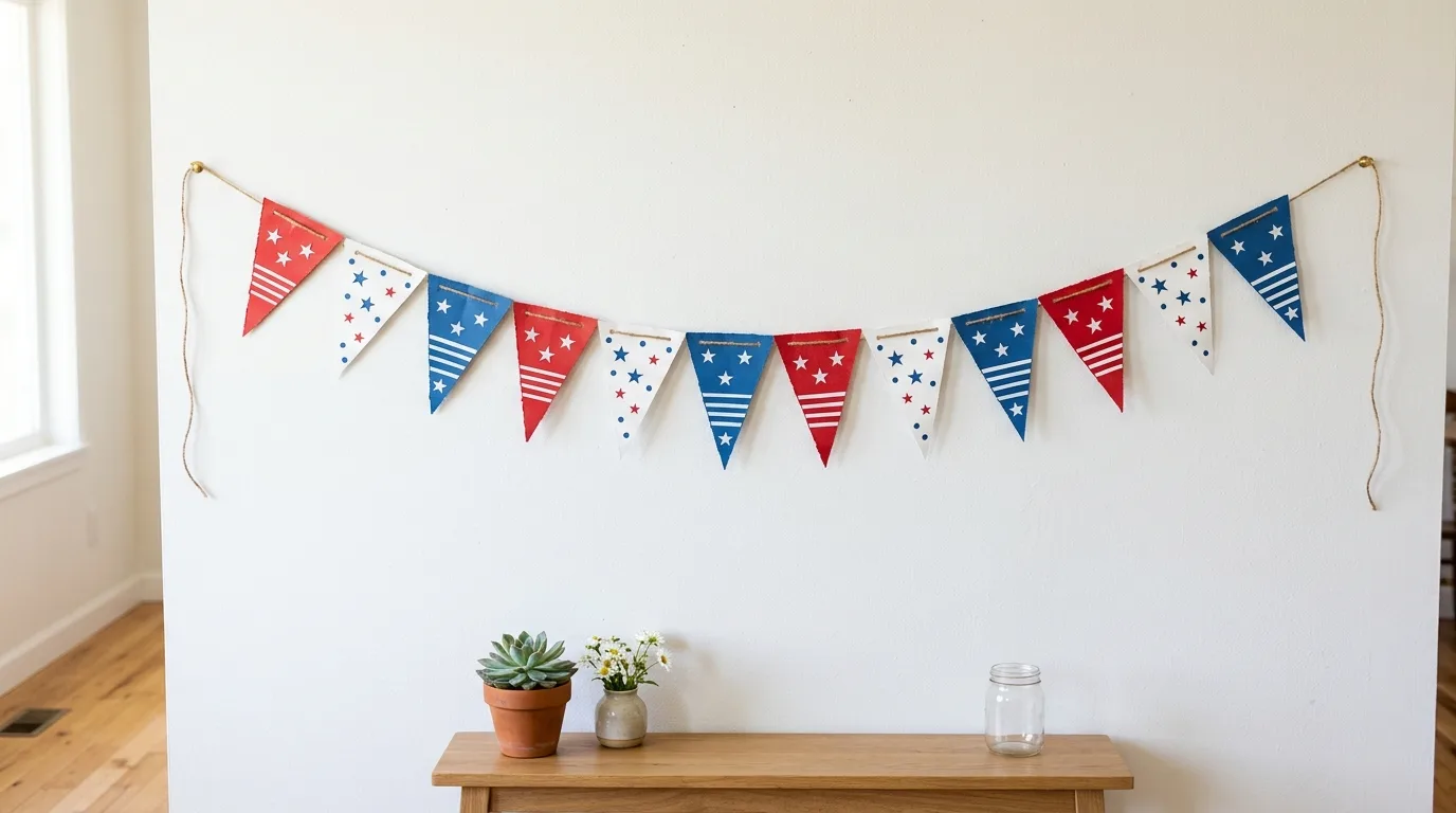 DIY patriotic wall banner made from red white and blue paper triangles