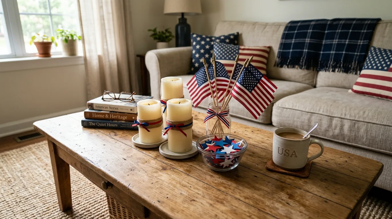 Coffee table with inexpensive patriotic decor, candles, flags, and star confetti