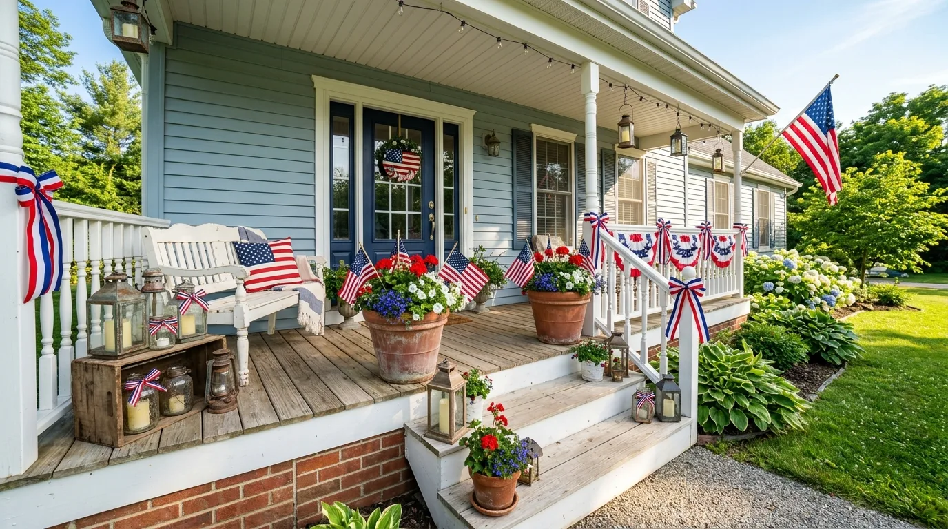 Budget front porch decor with thrifted lanterns, ribbons, and small flags