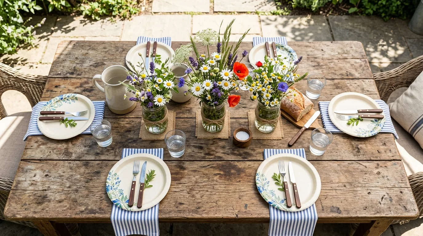 Budget dining table with paper plates, striped napkins, and mason jar centerpieces