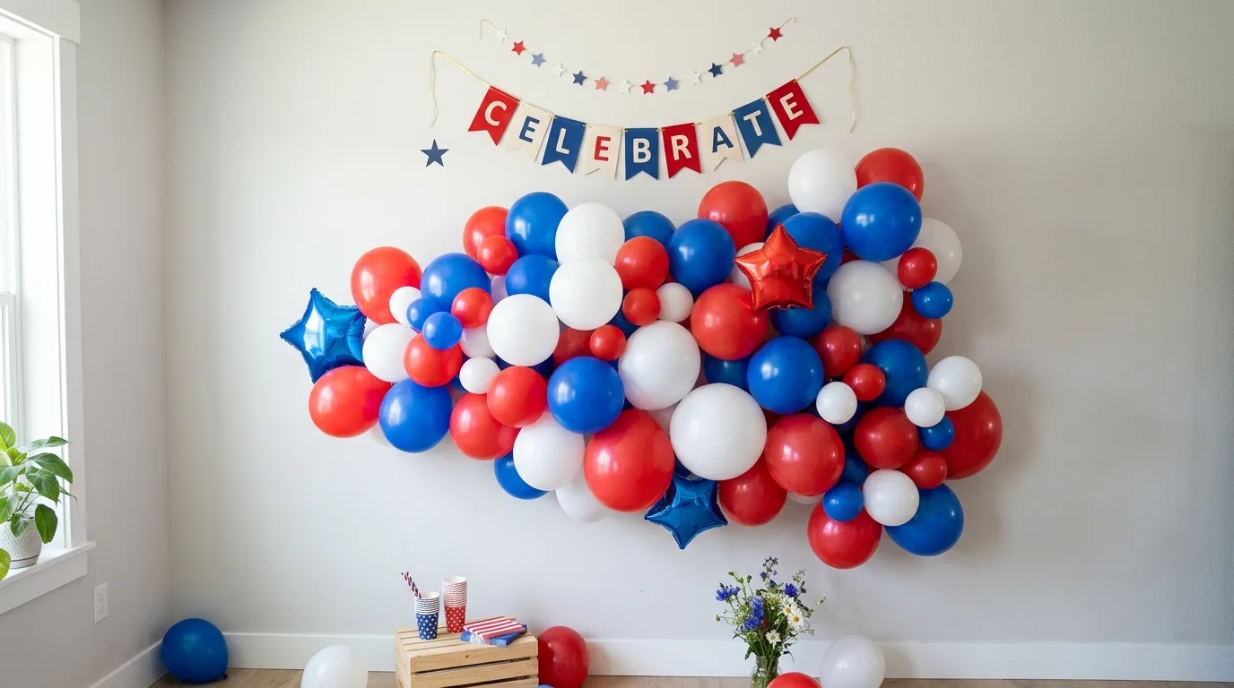 DIY red white and blue balloon arrangement against a plain wall