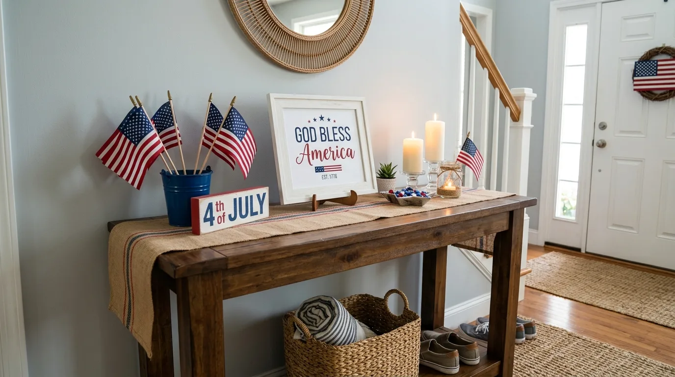 Entryway table with inexpensive patriotic decorations, candles, and framed printable art