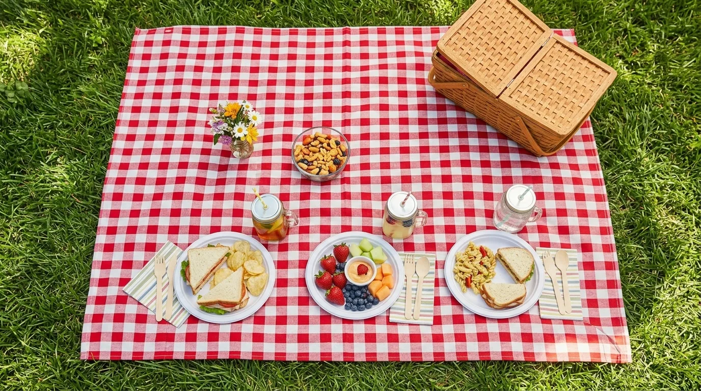 Backyard picnic setup with checkered cloth, simple plates, and mason jar drinks