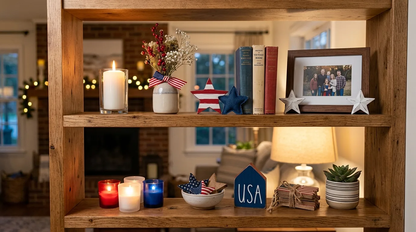 Shelf decor with small patriotic accents, stars, candles, and red white blue styling