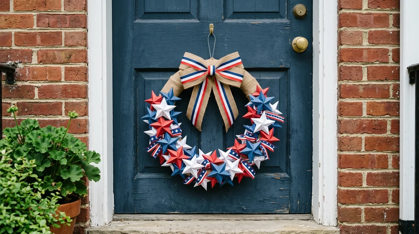 Budget wreath made from paper stars and ribbon in patriotic colors