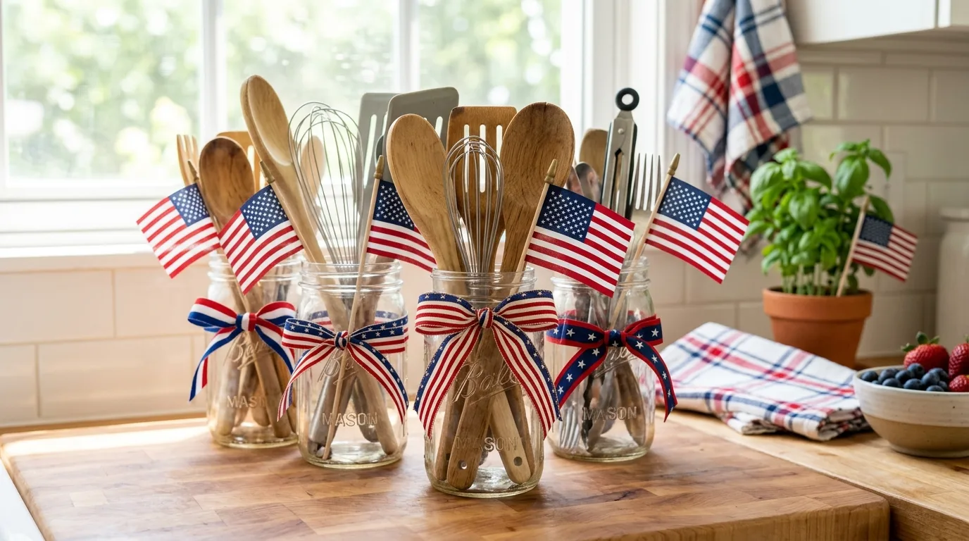Kitchen counter with utensil jars tied with patriotic ribbons and flag accents