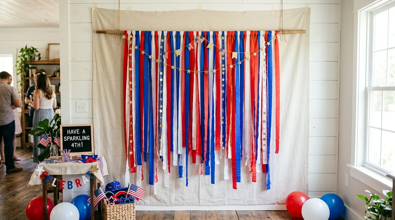 DIY Fourth of July photo backdrop with hanging patriotic streamers