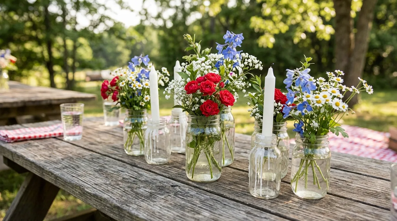 Outdoor table centerpiece using recycled jars, candles, and patriotic flowers