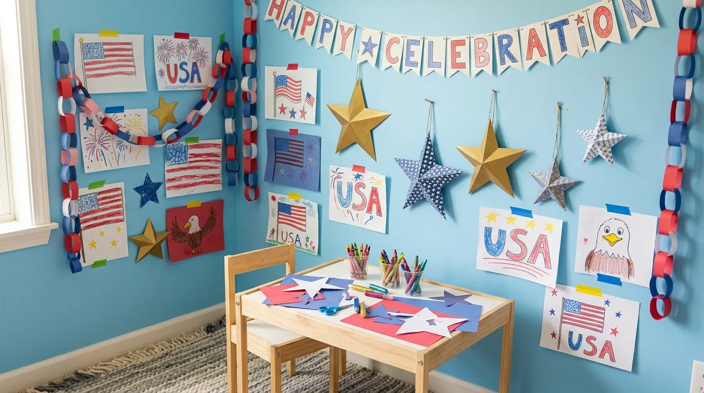 Kids decor corner with patriotic paper crafts, stars, and colorful drawings