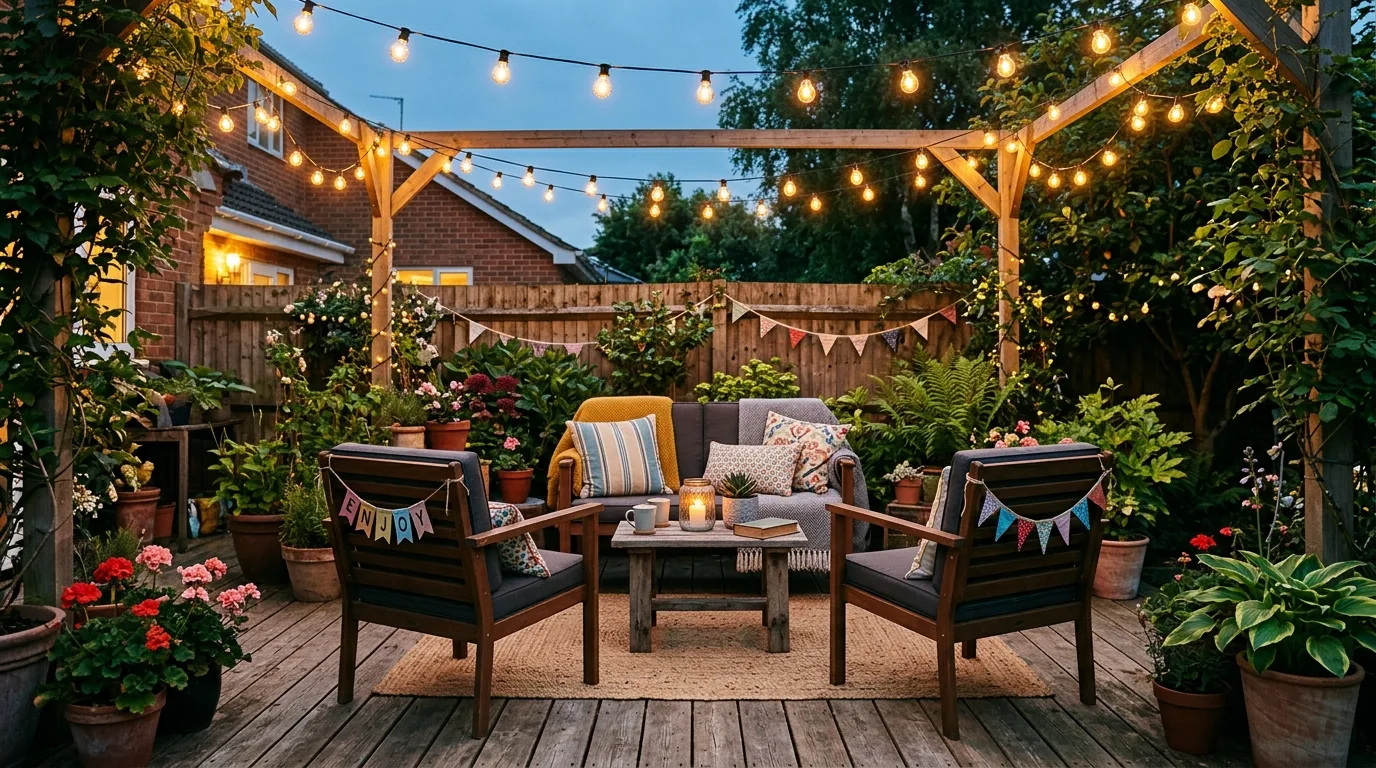 Simple budget patio decor with string lights, cushions, and flag decorations