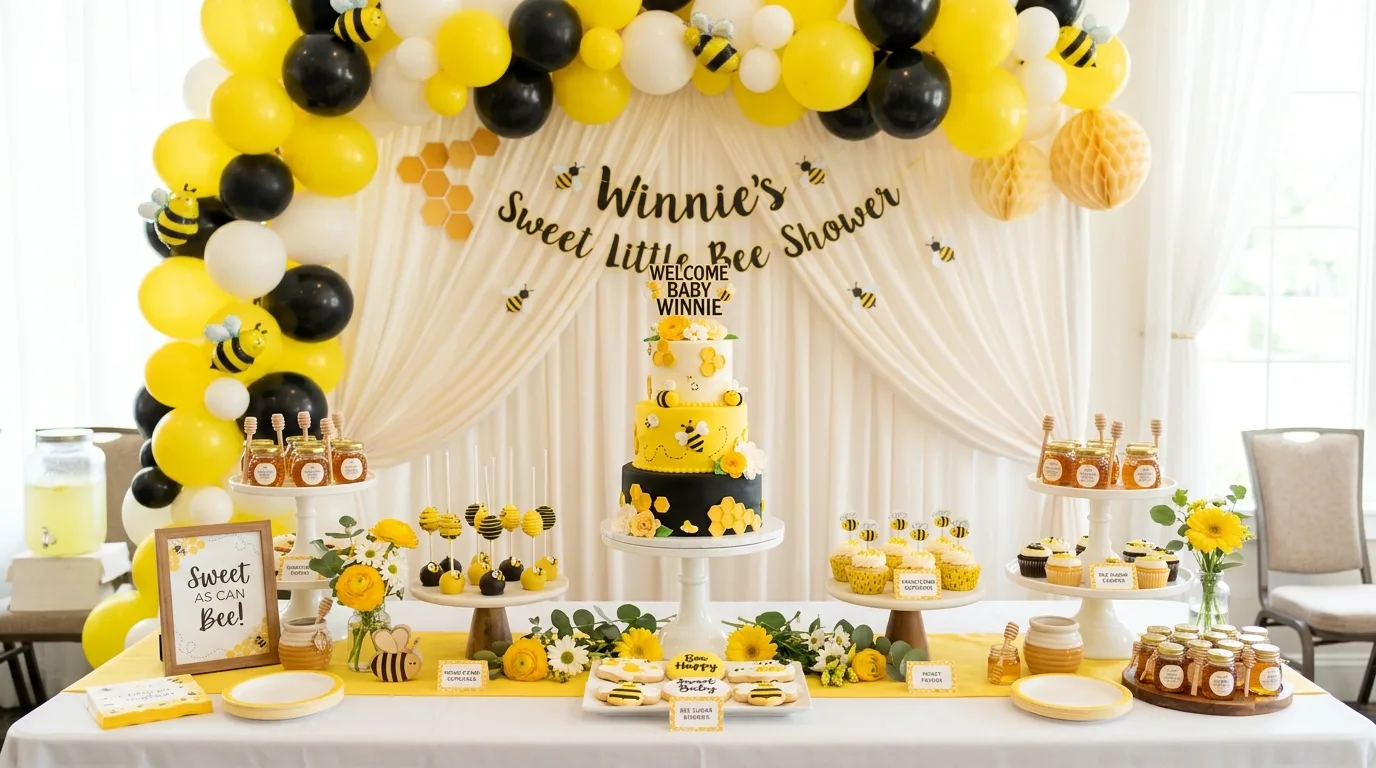 Bumblebee baby shower dessert table with yellow black and white balloon garland