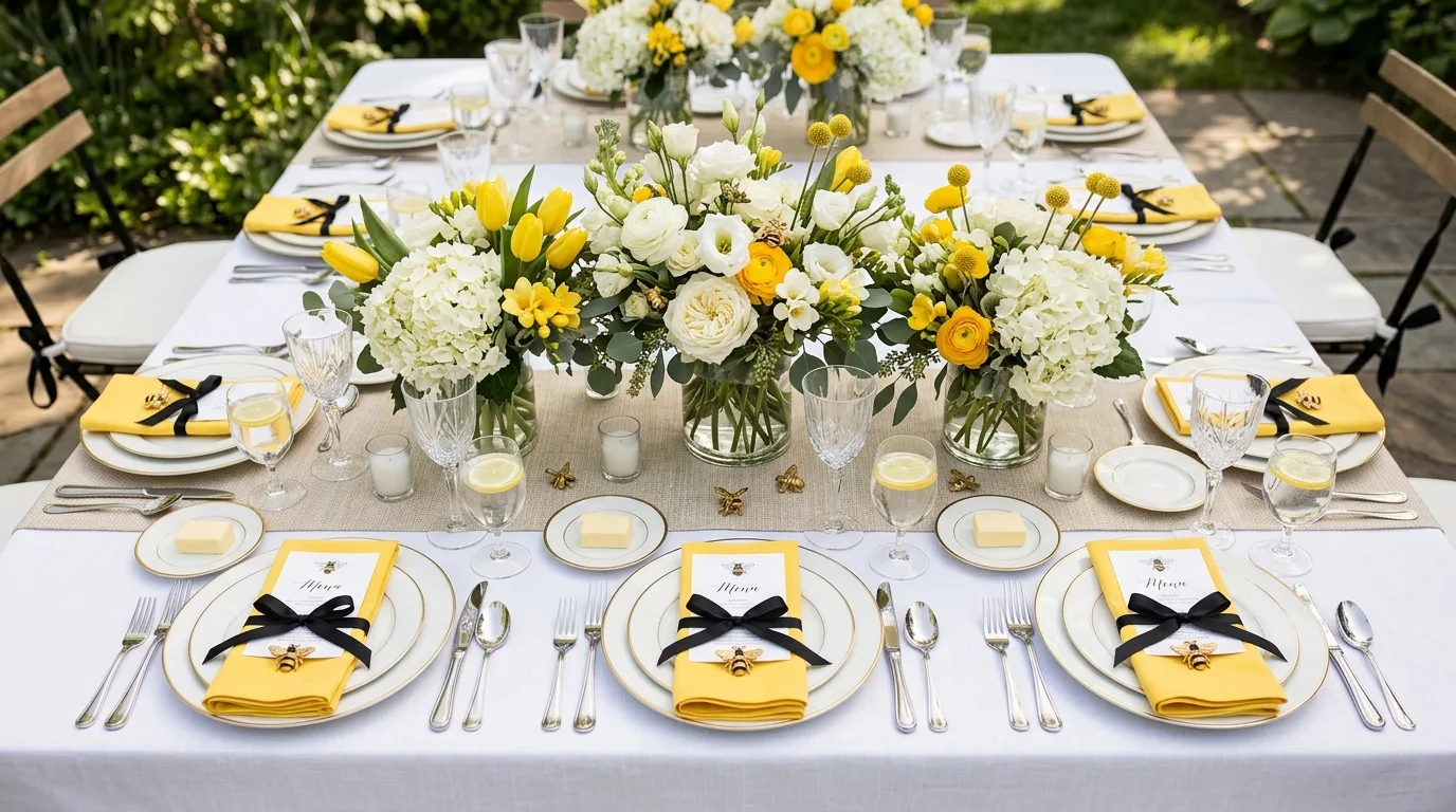 Bumblebee themed table setting with yellow napkins, bee accents, and fresh flowers