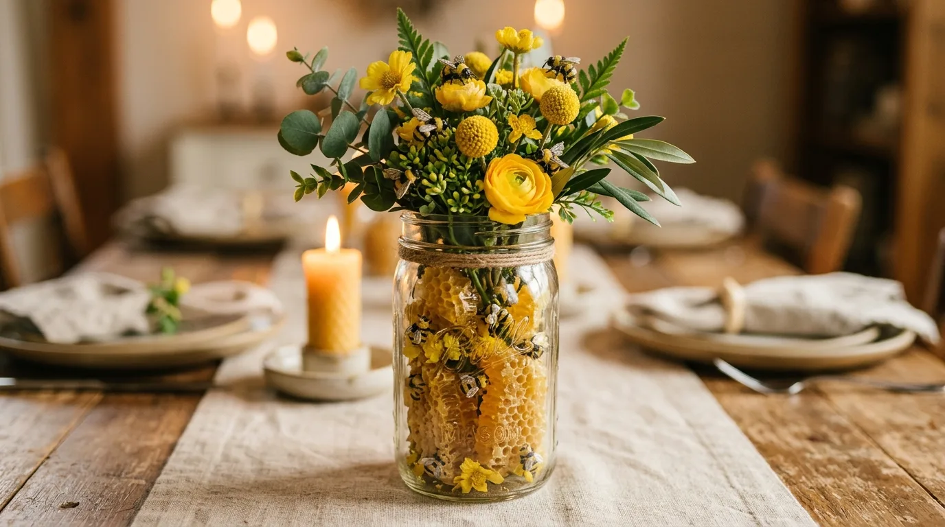 Bumblebee centerpiece with glass jar, yellow flowers, greenery, and honeycomb texture