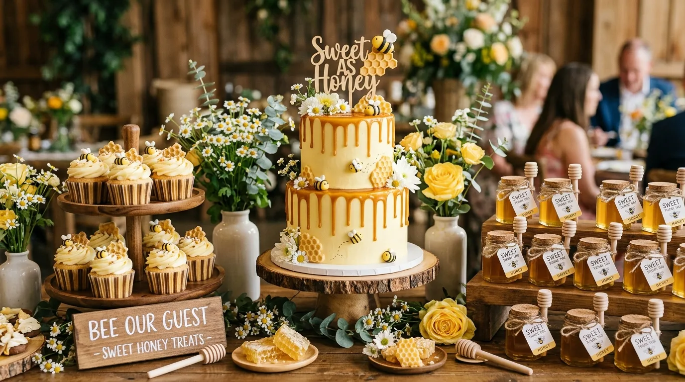 Bumblebee dessert display with bee toppers, honey jar favors, and drip cake