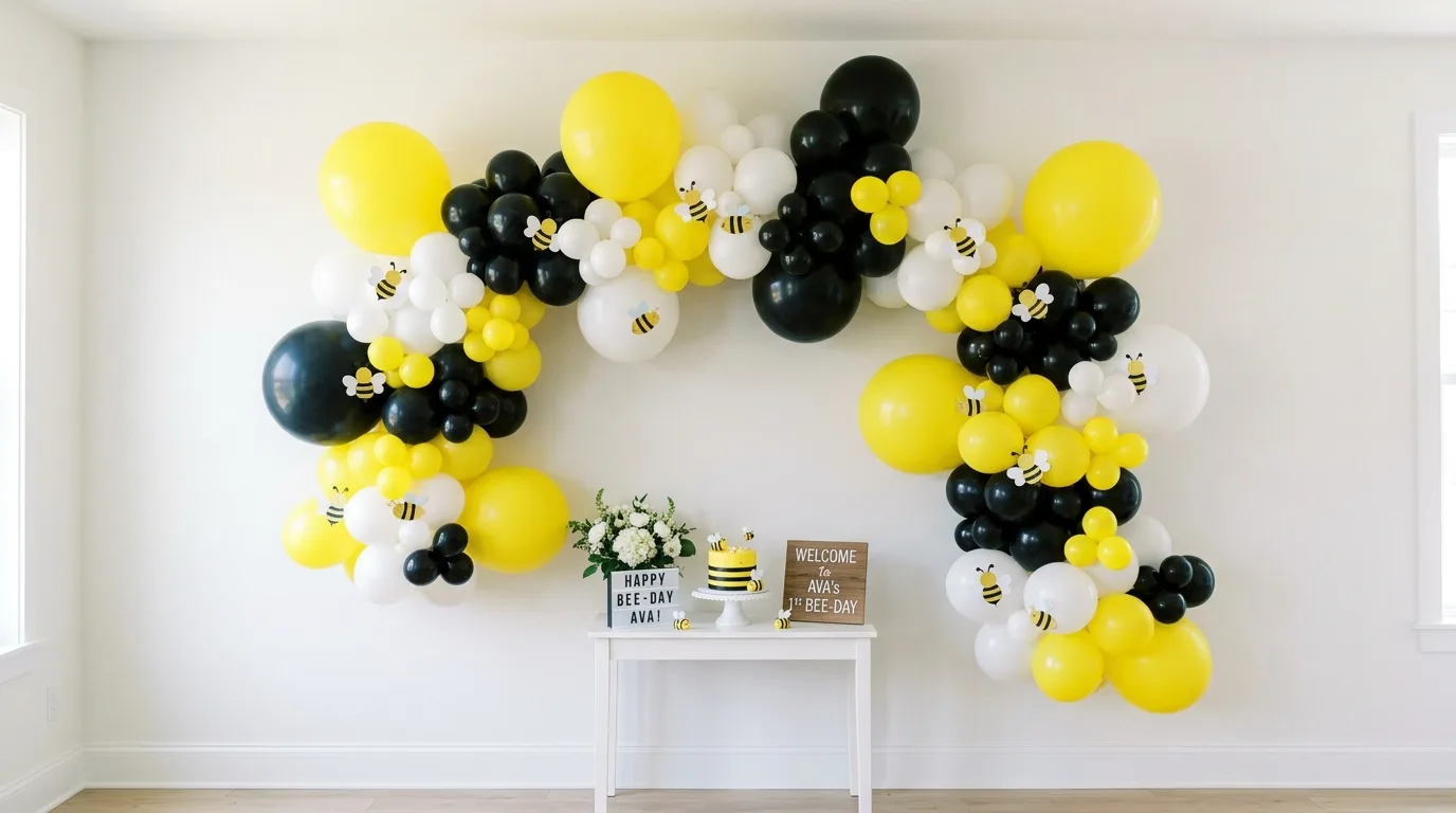 Balloon backdrop with yellow black white balloons and small bee cutouts