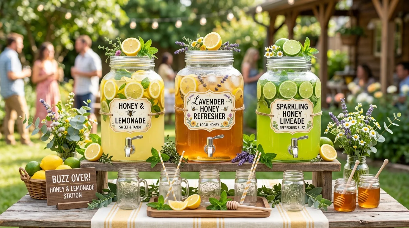 Bumblebee drink station with lemonade, honey drinks, and themed labels