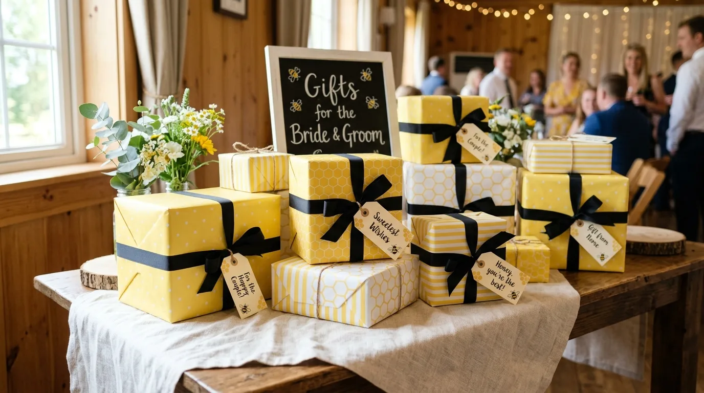 Gift table with yellow and white wrapped presents, black bows, and bee tags