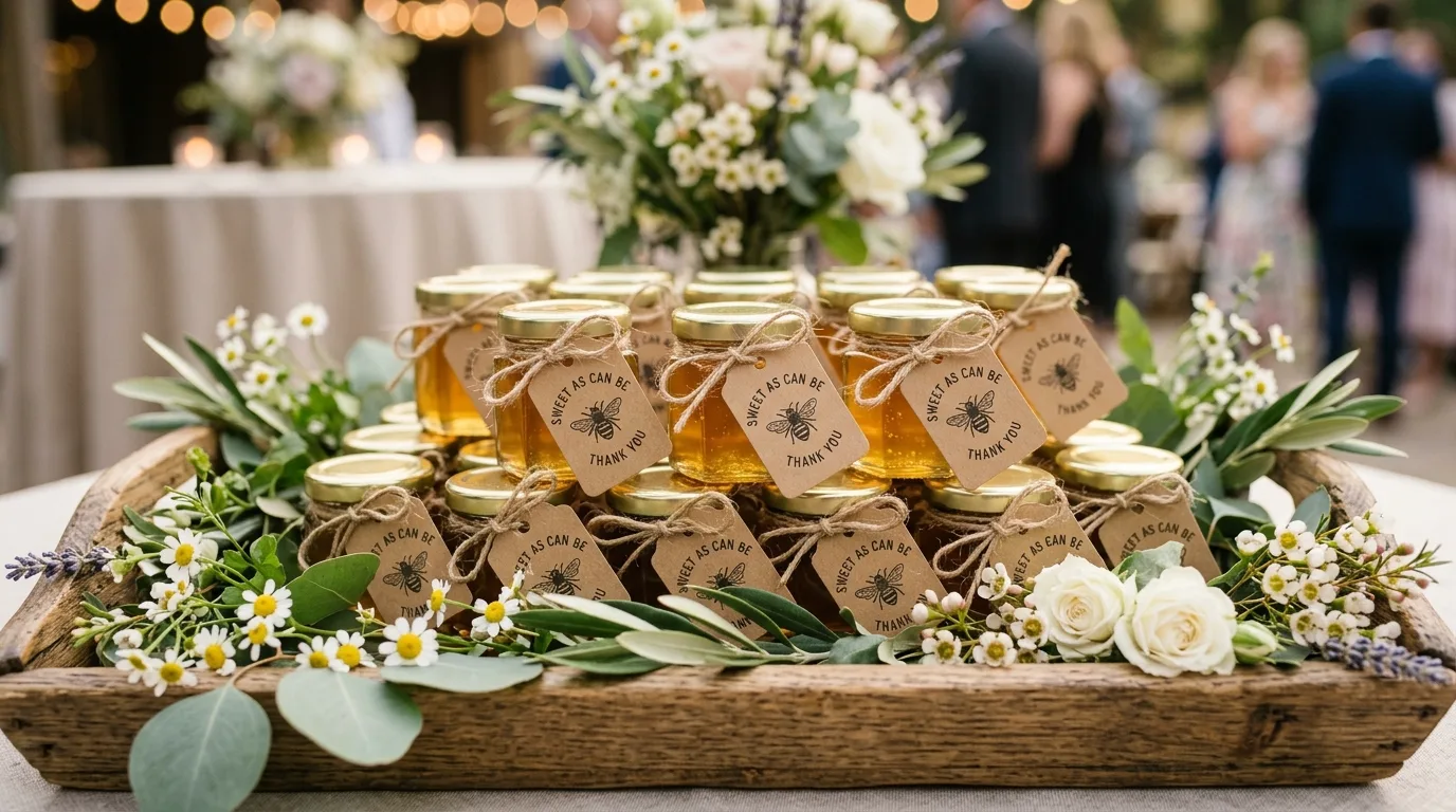 Bumblebee party favors with mini honey jars, twine, flowers, and greenery
