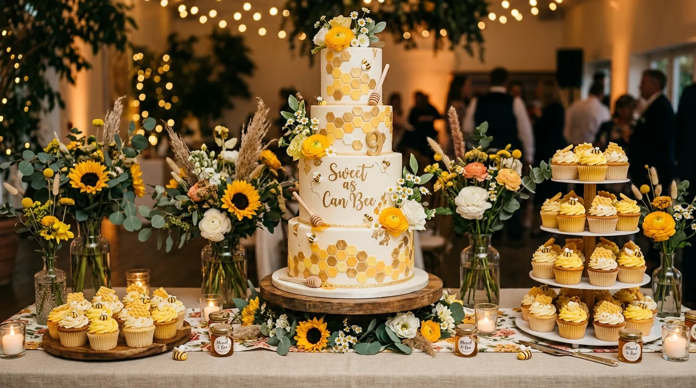 Bumblebee cake table with honeycomb cake, cupcakes, and floral accents