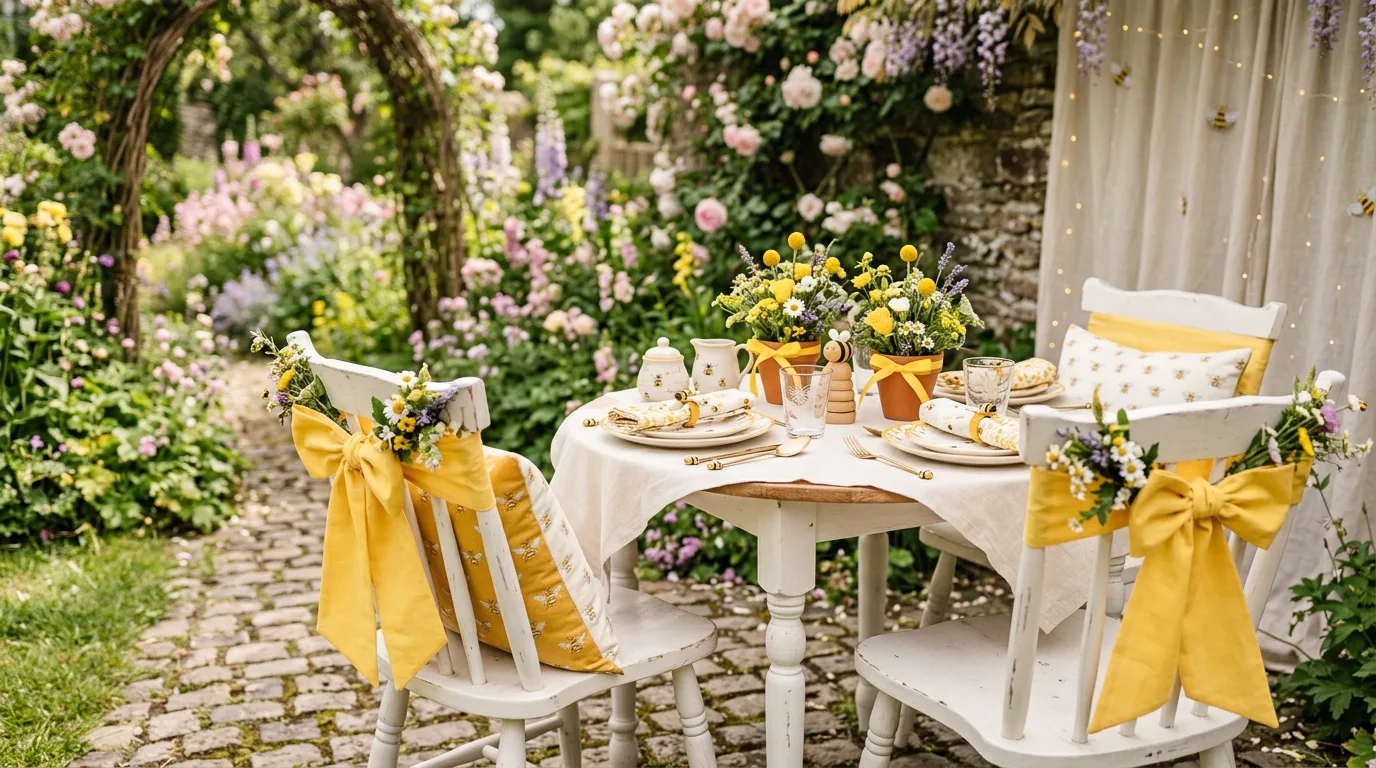 Bumblebee seating setup with yellow bows, themed tableware, and floral centerpieces