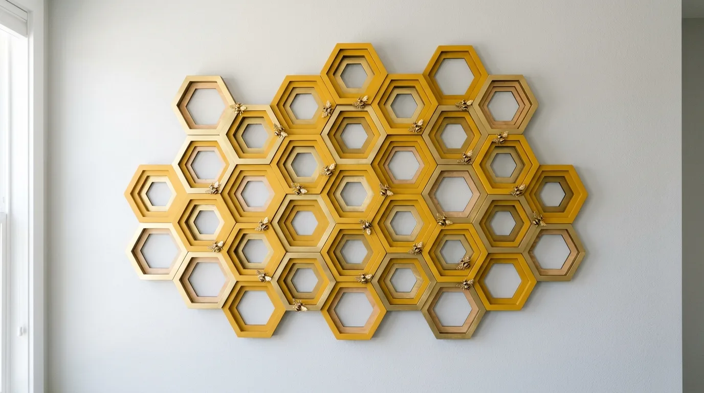 Honeycomb wall decor with layered yellow gold hexagons and bee accents