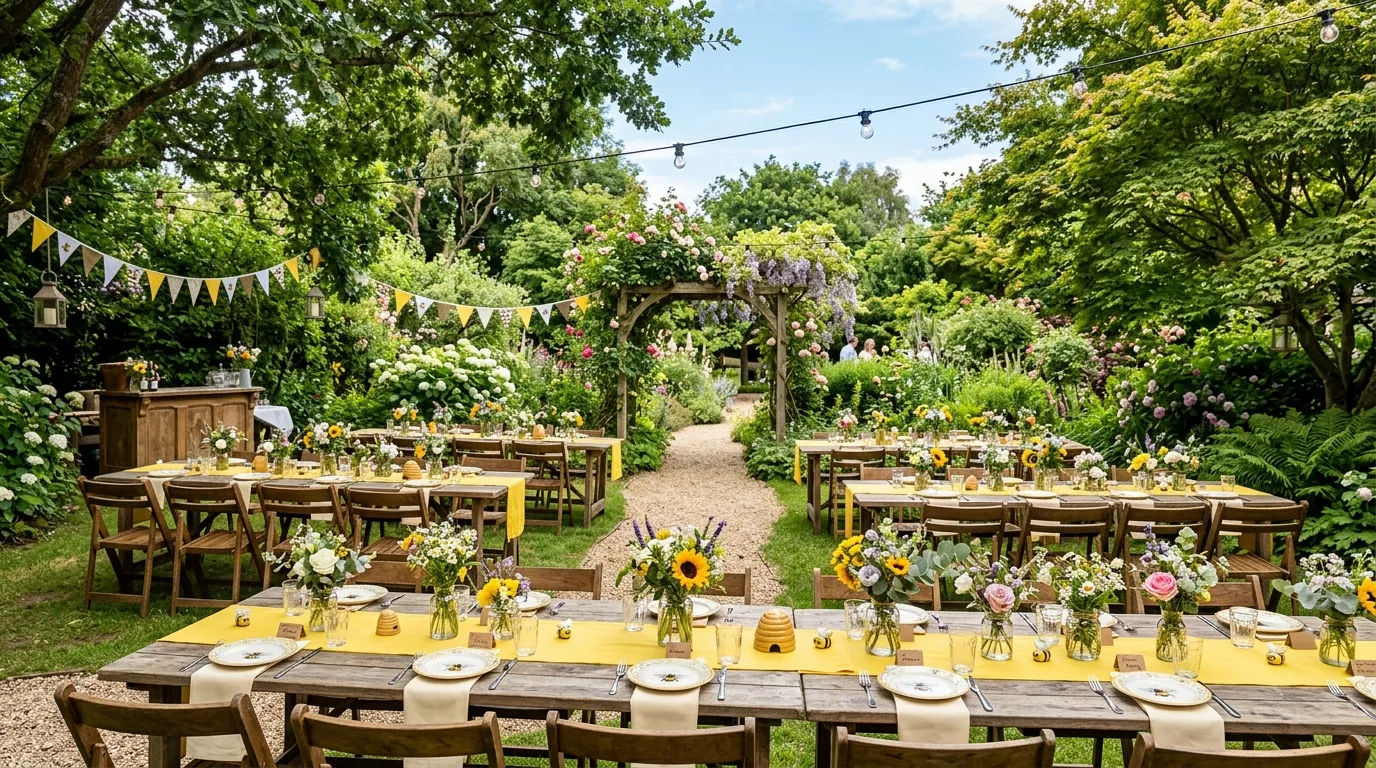 Outdoor bumblebee baby shower with wooden tables, yellow runners, and floral decor