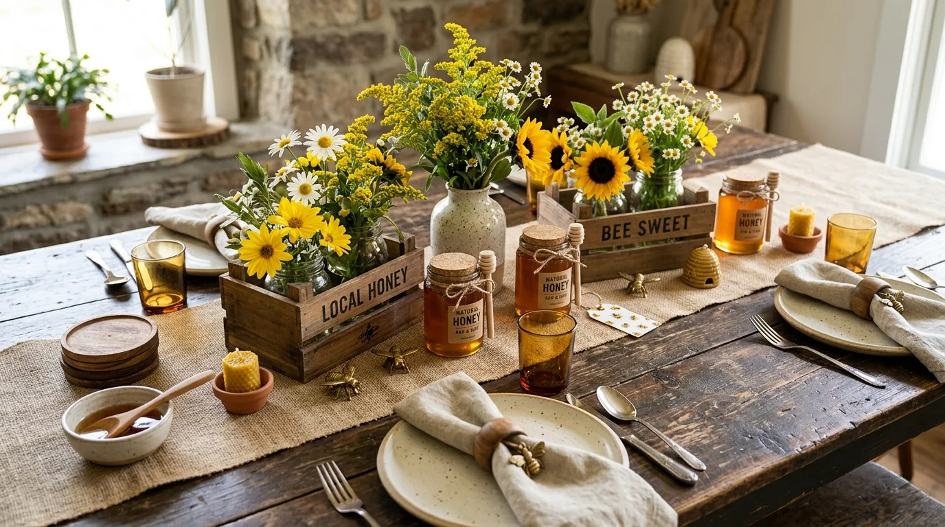 Rustic bumblebee table styling with burlap runner, crates, honey jars, and yellow flowers