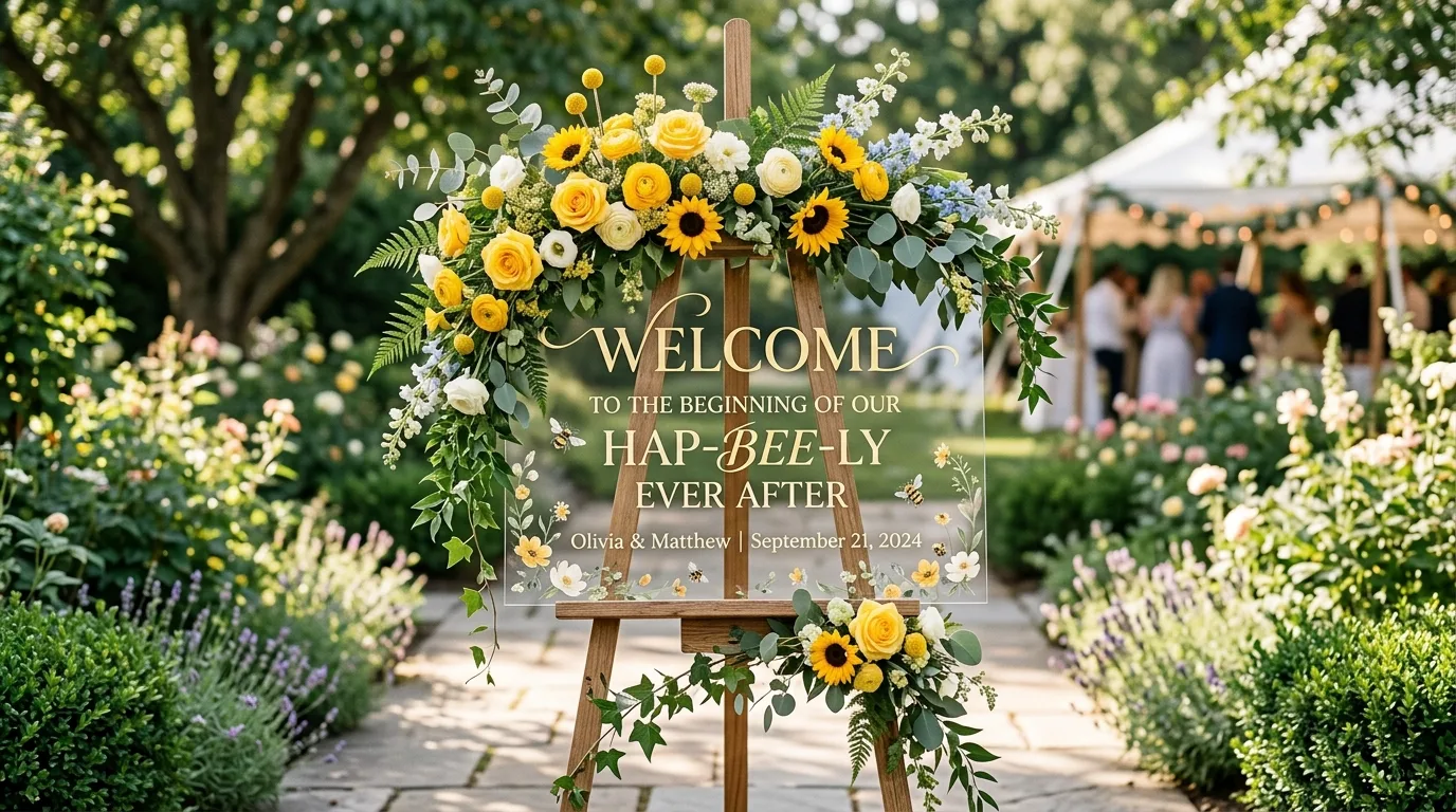 Bumblebee welcome sign display with bee themed message, flowers, and greenery