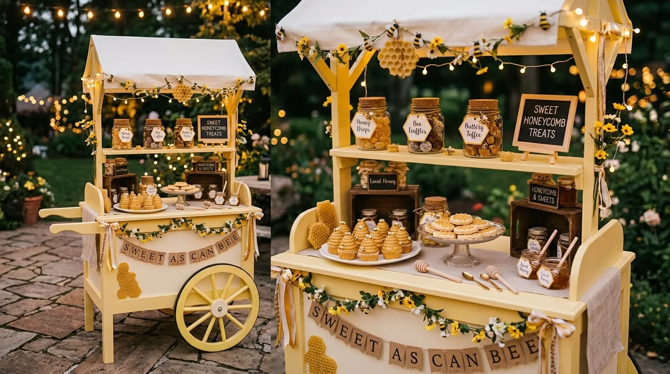 Bumblebee dessert cart with honeycomb decorations, bee accents, and yellow white sweets