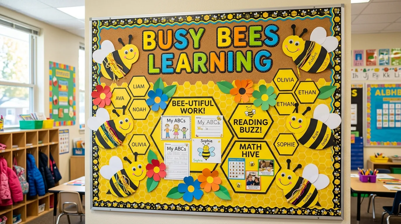 Elementary classroom bulletin board with large bumblebee cutouts and honeycomb backdrop