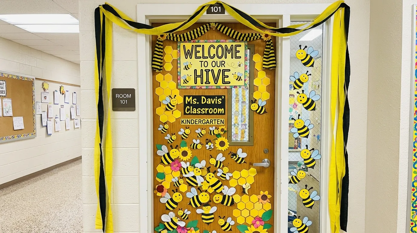 Classroom door decorated with Welcome to Our Hive sign, paper bees, and yellow black streamers