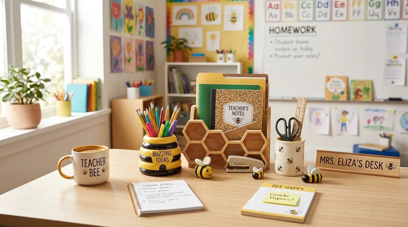 Teacher desk area with bee themed pencil holders, honeycomb organizers, and small bee figurines